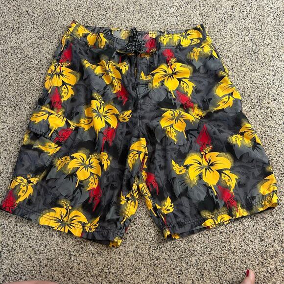 Vtg MCD Board Shorts Men's Size 34 Gray Yellow Hawaiian Surf Beach Swim Trunks - Picture 2 of 5